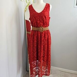 AUW Red Floral Crochet Lace Belted Midi Dress Size 6 Boho